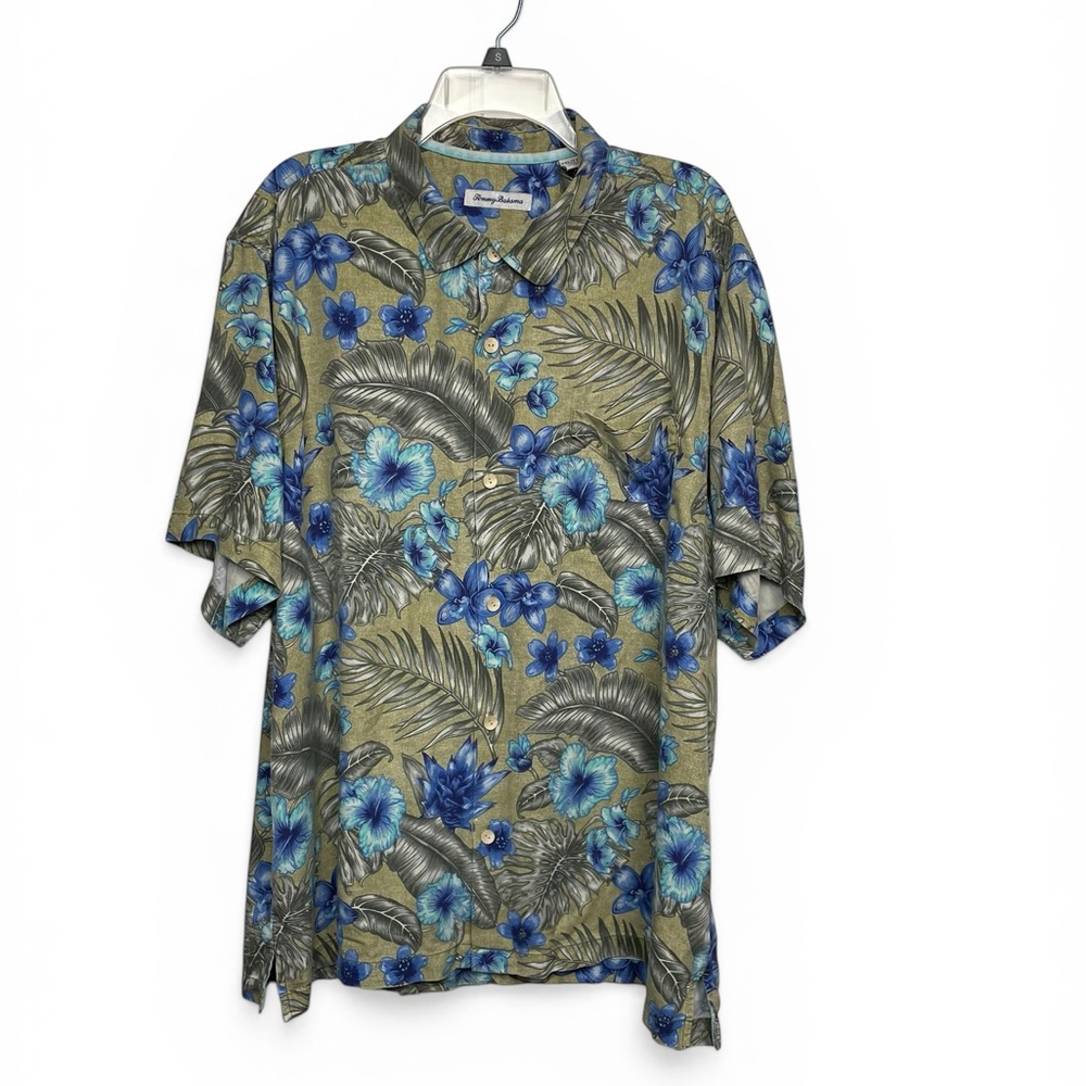 Tommy Bahama green and Blue Tropical Print silk Camp Shirt size XXL